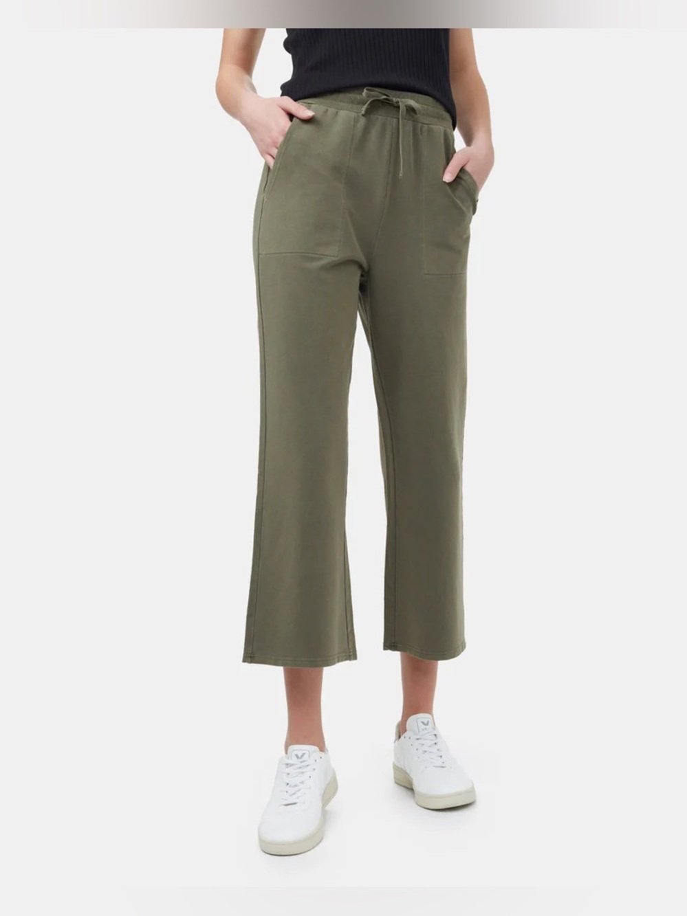 Tentree Women's Olive Wide-Leg Drawstring Pants cropped soft comfy vuori sweats